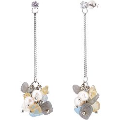 Лабрадорита Серьги-гвоздики с подвесками из натурального цитрина, аквамарина и драгоценных камней с жемчугом, 316 длинная цепочка из хирургической нержавеющей стали с длинными серьгами-подвесками для женщин, 66 мм, штифты : 0.7 мм