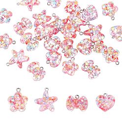 Разноцветный 32 шт 4 стили прозрачные подвески из смолы, с железными петлями платинового тона и блестящей пудрой, звезда и сердце и сливовый боссом и бантом, красочный, 17.5~24x15~20x8~10.5 мм, отверстие : 2 мм, 8 шт / стиль