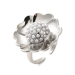 Платина Открытые манжеты из цветочной латуни, кольцо из искусственного жемчуга для женщин, без кадмия и без свинца, платина, Цветок: 23.5x24.5 мм, регулируемый