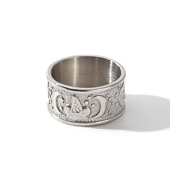 Stainless Steel Color 304 Stainless Steel Wide Band Finger Rings for Women, Moon Pattern, Stainless Steel Color, US Size 7(17.3mm)