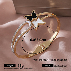 Butterfly 304 Stainless Steel Micro Pavel Clear Cubic Zirconia and Black Enamel Hinged Cuff Bangles with Natural White Shell for Women, Golden, Butterfly, Inner Diameter: 2.36 inch(6cm)
