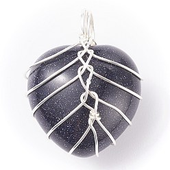 Goldstone Synthetic Goldstone Gemstone Pendants, with Silver Tone Copper Wire Wrapped, Heart, 25.5x21x17mm, Hole: 6mm