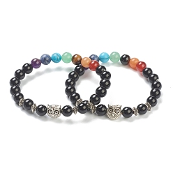 Обсидиан Чакра ювелирные изделия, круглые браслеты с бусинами из натурального обсидиана и драгоценных камней, с бусинами из сова, античное серебро, внутренний диаметр: 2-3/8 дюйм (6 см)