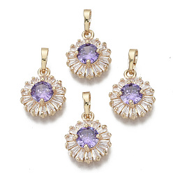 Lilac Brass Micro Cubic Zirconia Charms, with Snap on Bails, Flat Round, Light Gold, Lilac, 15x12x5mm, Hole: 6x4mm