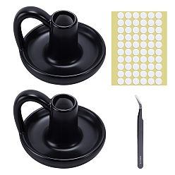 Черный Фарфоровые подсвечники, с фитилем из смолы, двусторонним скотчем и 201 пинцетом из нержавеющей стали с заостренными концами, плоско-круглые, чёрные, 115x100x65 мм, внутренний диаметр: 24 мм