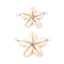 Платина Натуральные смешанные подвески-соединители из ракушек каури, звезда, с латунными бусинами и медной проволокой, платина, 27~30.5x37.5~40x6.5~7 мм, отверстие : 3.5 мм