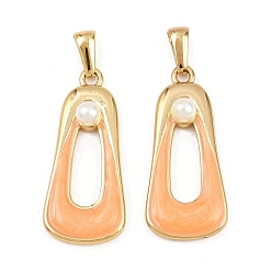 Персиковый Слойка 304 нержавеющей стальной эмали подвески, с абс пластмассовыми жемчужными бисером, трапециевидные, золотые, розовые, 33x14.5x6.5 мм, отверстие : 6x2.5 мм
