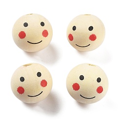 Папайя Оранжевый Печатные деревянные европейские бусины схима, круглый с рисунком улыбающегося лица, papayawhip, 25x22.5 мм, отверстие : 6 мм