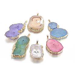 Mixed Color Natural Druzy Agate Big Pendants, with Golden Tone Brass Findings, Dyed, Nuggets, Mixed Color, 42.5~62.5x28.5~41x6~7mm, Hole: 7.5~8x4~5mm