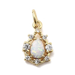 Белый Подвески-слезинки из синтетического опала, с латунными вставками из прозрачных кубических цирконий и соединительными кольцами, реальный 18 k позолоченный, долговечный, стойки покрытие, без свинца и без кадмия, белые, 13x8.5x2.5 мм, отверстие : 3.3 мм