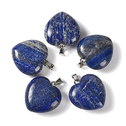 Lapis Lazuli Natural Lapis Lazuli Pendants, Heart Charms, with 304 Stainless Steel Snap on Bails, Stainless Steel Color, 32~33x30x14~15mm, Hole: 7.5x4mm