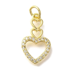 Настоящее золото 18K Латунные микропаве прозрачные подвески с фианитом, сердце прелести, с целью перехода в кольце, реальный 18 k позолоченный, 19.5x11x2 мм, отверстие : 3 мм