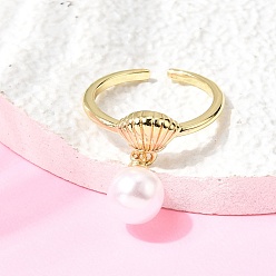 Настоящее золото 18K Латунные манжеты с открытыми кольцами, формы раковины, с абс пластмассовой имитационной жемчужиной, без кадмия и без свинца, долговечный, стойки покрытие, реальный 18 k позолоченный, 1.5~8 мм, размер США 6 1/2 (16.9 мм)