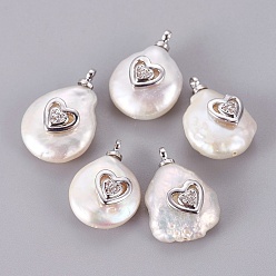 Platinum_deleted Natural Cultured Freshwater Pearl Pendants, with Brass Micro Pave Cubic Zirconia Cabochons, Long-Lasting Plated, Nuggets with Heart, Real Platinum Plated, 14~18x10.5~13x7~9mm, Hole: 1.5mm