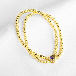 Purple Brass Pave Cubic Zirconia Heart Round Beaded Stretch 2-Strand Bracelets for Women, Golden, Purple, 6.30 inch(16cm)