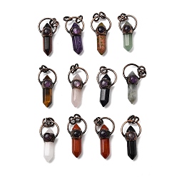 Смешанные камни Природные и синтетические смешанные подвески драгоценных камней, подвески-пули с двумя концами в форме заостренных граней и латунными соединительными кольцами, без кадмия и без свинца, Красная медь, смешанные окрашенные и неокрашенные, 37.5~38.5x19x12~13 мм, отверстие : 6 мм