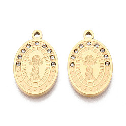 Настоящее золото 18K Религия 304 овальные подвески из нержавеющей стали и стразов, амулеты Baby Jesus, ионное покрытие (ip), реальный 18 k позолоченный, 25.5x15.5x2 мм, отверстие : 2 мм