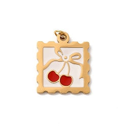 Вишня 304 нержавеющей стальной эмали подвески, квадратных амулеты, с целью перехода в кольце, ионное покрытие (ip), реальный 18 k позолоченный, вишня, 19.5x16.5x1.5 мм, отверстие : 2.5 мм