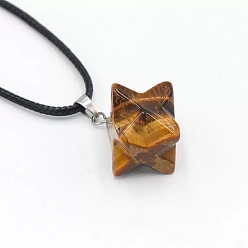 Тигровый глаз Подвеска-колье из натурального тигрового глаза в виде геометрической гексаграммы со звездой, с черными шнурками., 15.75 дюйм (40 см)