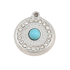 Platinum 304 Stainless Steel Rhinestone Pendants, Flat Round, with Cat Eye, Platinum, 17x15x4mm, Hole: 1.1mm