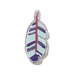 Light Cyan Acrylic Pendants, with Glitter Powder, Feather, Light Cyan, 54.5x21.5x2mm, Hole: 1.8mm