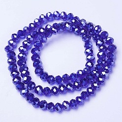 Medium Blue Electroplate Glass Beads Strands, Pearl Luster Plated, Faceted, Rondelle, Medium Blue, 10x8mm, Hole: 1mm, about 65~66pcs/strand, 20.8~21.2 inch(53~54cm)