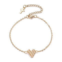 Pink Стеклянные бусины браслеты в форме сердца, браслеты-цепочки из латуни для женщин, золотые, розовые, 7-1/4 дюйм (18.4 см)