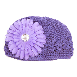 Средний Фиолетовый Ручная работа вязания крючком детская шапочка, С тканевыми цветами, средне фиолетовый, 180 мм