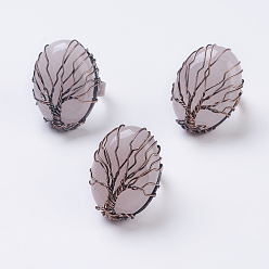 Розовый Кварц Натуральный розовый кварц регулируемый палец кольцо, широкая полоса кольца, овальные, Красная медь, Размер 9, 19 мм