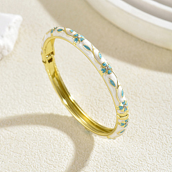 White Zinc Alloy Enamel Flower Hinged Cuff Bangles for Women, Golden, White, Inner Diameter: 2.36 inch(6cm)~2.76 inch(7cm)