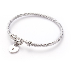 Stainless Steel Color Tarnish Resistant 304 Stainless Steel Charm Bangles, Heart Lock, Stainless Steel Color, 2-3/8 inch(5.9cm)