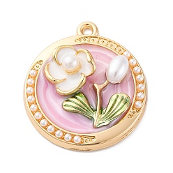Pink Подвески из эмали и сплава, с ABS имитации жемчуга, без кадмия, без никеля и без свинца, стойки покрытие, плоский настил с цветочным шармом, золотые, розовые, 27.5x24.5x6 мм, отверстие : 1.8 мм