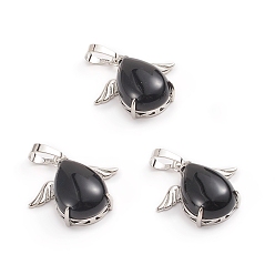 (946F)Морозный цвет внутри  Жонкиль / Непрозрачная зеленая подкладка Натуральный черный агат подвески, с латунными кабошонами, слеза, с крылом, 23~23.5x25x8~9 мм, отверстие : 8x5 мм