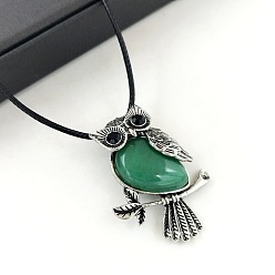Зеленый Авантюрин Натуральный зеленый авантюрин сова кулон черный искусственный кожаный шнур ожерелья для женщин, античное серебро, 16.93 дюйм (43 см)