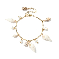 Золотой Браслеты с подвесками из натуральной спиральной ракушки и стеклянного жемчуга, золотые, 7-1/8 дюйм (18 см)