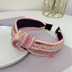 Pink Serre-tête en perles et strass de style ethnique à paillettes, Accessoires pour cheveux en tissu large noué pour femme et fille, rose, 160x130mm