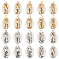 Платиновый & Золотой 20шт 2 стили подвески из ракушек каури, с металлическая фурнитурой, натуральный цвет, платиной и золотом, 17~25x10~15x5~7 мм, отверстие : 1.5 мм, 10 шт / стиль