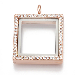 Rose Gold Alloy Magnetic Locket Pendants, with Rhinestone and Glass, Square, Crystal, Rose Gold, 36x29x7mm, Hole: 5mm, Inner Measure: 21x21mm