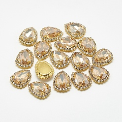 Свет Колорадо Топаз Шить на горный хрусталь, многожильных ссылки, стеклянные стразы, с латунной фурнитурой , аксессуары для одежды, слеза, золотые, свет Колорадо Топаз, 19x14.5x7 мм, отверстие : 1 мм