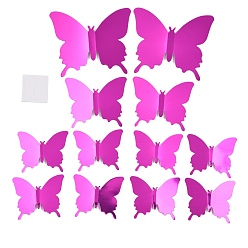 Magenta 3D PLastic Mirror Wall Stickers, with Adhesive Tape, for Home Living Room Bedroom Wall Decorations, Butterfly, Magenta, 52~91x63~107x0.2mm, 12pcs/set