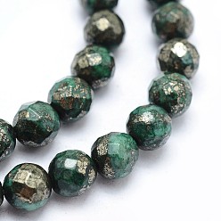 Green Dyed Natural Pyrite Beads Strands, Faceted, Round, Green, 8mm, Hole: 1mm, about 50pcs/strand, 15.7 inch(40cm)