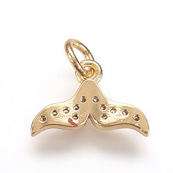 Golden Brass Micro Pave Cubic Zirconia Charms Pendants, Whale Tail Shape, Golden, 9x13x2mm, Hole: 3mm
