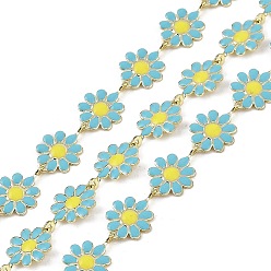 Синий Латунные цепные цепи, с катушкой и эмалевой хризантемой, долговечный, без кадмия, без никеля и без свинца, несварные, синие, 59x60 мм, около 32.81 футов (10 м) / рулон