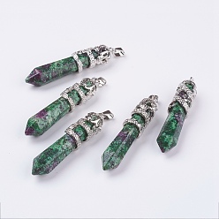 Ruby in Zoisite Natural Ruby in Zoisite Big Pointed Pendants, with Alloy Findings, Faceted, Bullet, Platinum, 59~63x11~12mm, Hole: 4x7mm