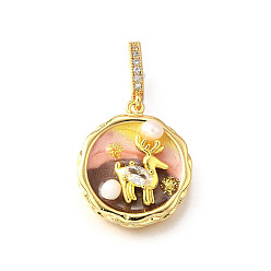 Кокосово-Коричневый Латунные подвески с микропаве из кубического циркония и эмали, плоский круг с подвесками в виде лося, с блестящей пудрой и натуральным пресноводным жемчугом, без никеля , реальный 18 k позолоченный, кокосового коричневый, 21.5x20.5x7.5 мм, отверстие : 6.5x4.5 мм