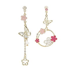 Бабочка Асимметричные серьги-гвоздики из золотистого сплава с эмалью, Женские серьги-подвески с искусственным жемчугом и стразами, бабочка, 44~66x15~24 мм