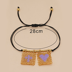 Лиловый Богемные стеклянные браслеты с подвесками из бисера, плетеные браслеты из синтетического шнура для женщин, прямоугольник с крестом и сердцем, с 304 из нержавеющей стали бусы, сирень, 11.02 дюйм (28 см)