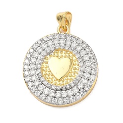 Плоский Круглый Латунные микро проложить кубического циркония подвески, плоский круглый с сердечками, без свинца и без кадмия, стойки покрытие, долговечный, реальный 18 k позолоченный, плоско-круглые, 27x23.5x4 мм, отверстие : 5x3 мм
