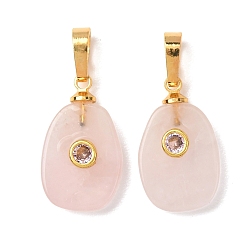 Розовый Кварц Природного розового кварца подвески, Овальные подвески с латунной микрофиброй и отделкой из кубических цирконий, золотые, 20x12x5 мм, отверстие : 7x4 мм
