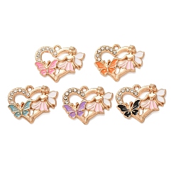 Mixed Color Alloy Enamel Pendants, Heart with Fairy & Butterfly Charms, with Rhinestone, Light Gold, Mixed Color, 17x21.5x2.5mm, Hole: 1.6mm